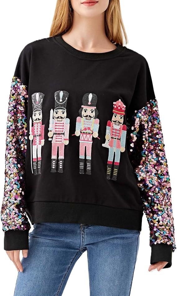 UAURORAO Christmas Sequins Sweatshirts Women Glitter Patch Crewneck Pullover Tops Sparkly Printed... | Amazon (US)