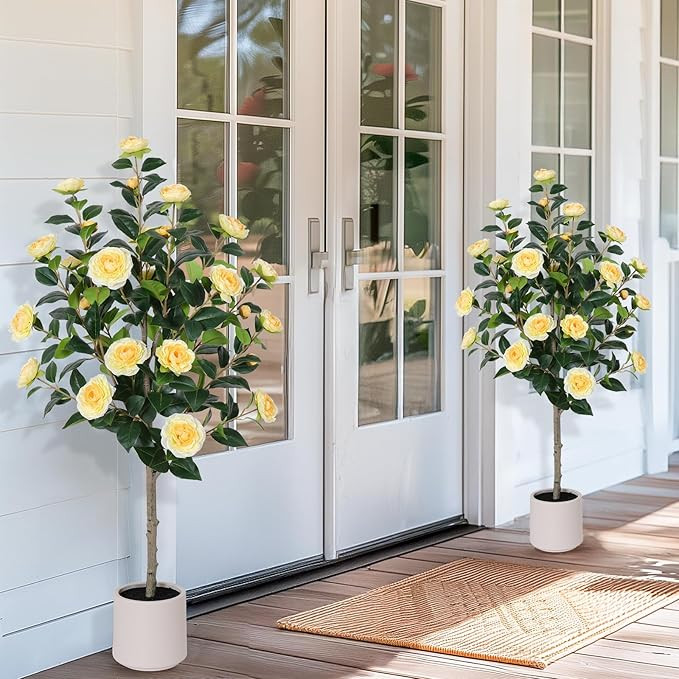 47 inch Artificial Camellia Tree with White Flower Pots - 2 Pack Yellow Tall Fake Plants,4 Ft Art... | Amazon (US)