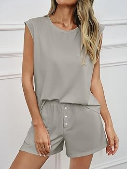 Tankaneo Womens 2 Piece Summer Outfits Casual Crewneck Sleeveless Tank Tops and Shorts Lounge Mat... | Amazon (US)