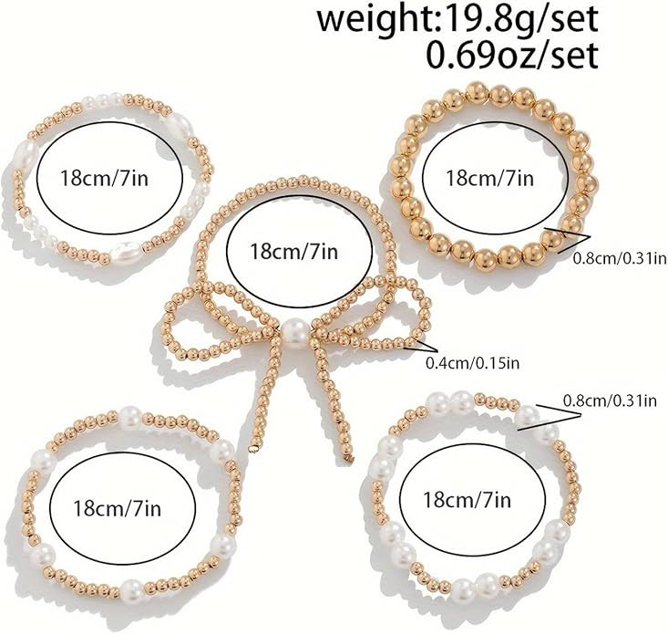 Gold Bow Bracelet for Women Gold Beaded Bracelets Stackable Stretch Bead Ball Bracelets Pearl Bra... | Amazon (US)