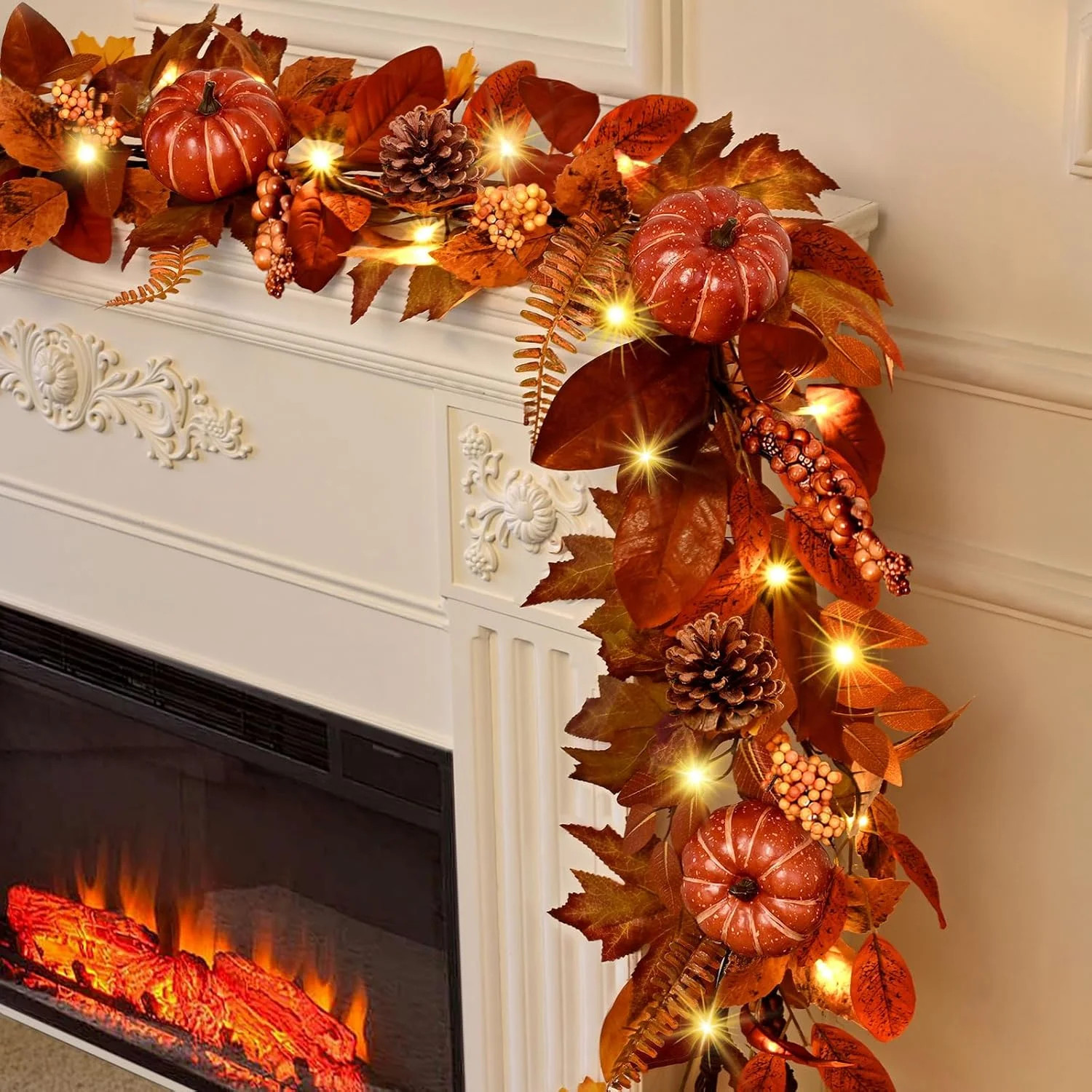 Lyacmy 6 FT Orange Red Fall Garland for Mantle Fall Decorations for Home, Pumpkins Leaves Lighted... | Walmart (US)
