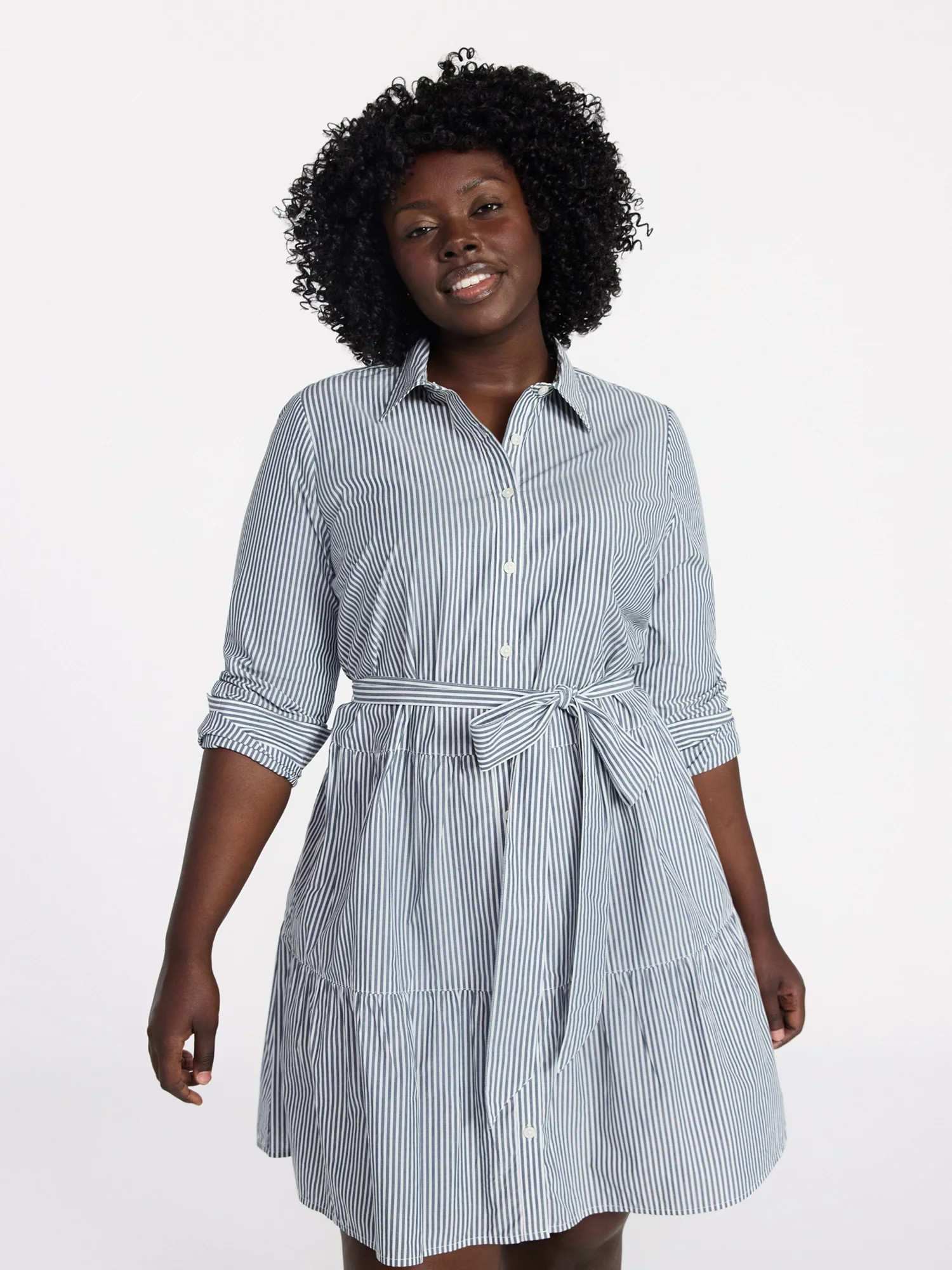Terra & Sky Women's Plus Size Tiered Shirt Dress with Long Sleeves, Sizes 0X-5X | Walmart (US)