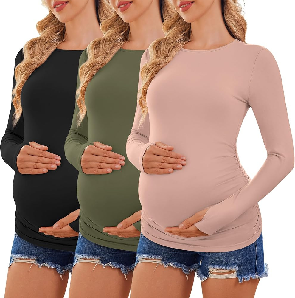 Ekouaer Womens 3 Pack Long Sleeve Maternity Shirts Crew Neck Pregnancy Clothes Side Ruched Workou... | Amazon (US)