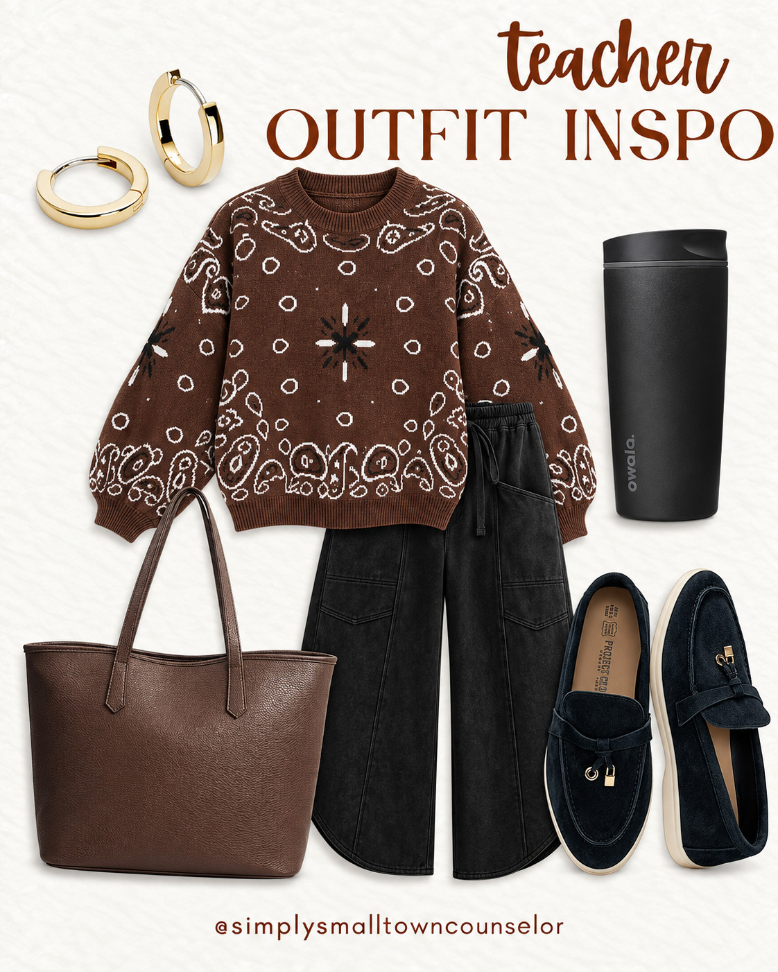 teacher outfit inspo 🤎 A cozy bandana-print sweater, relaxed black pants & comfy loafers for a fall classroom look! Add gold hoops, a roomy brown tote & your morning coffee, and you’re ready for the school day! ☕ 

 #LTKWorkwear