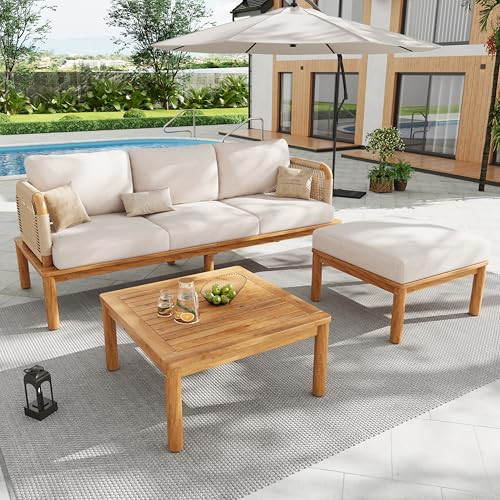 Christopher Knight Home Coby 3-Piece Acacia Wood Patio Furniture Set, Outdoor Conversation Sofa Set with Coffee Table and Ottoman, Patio Sectional Chat Set for Backyard or Balcony, Teak+Beige | Amazon (US)