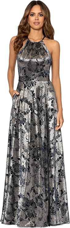 Betsy & Adam Women's Long Sleeveless Halter Metallic Print Wrap Overlay Gown | Amazon (US)