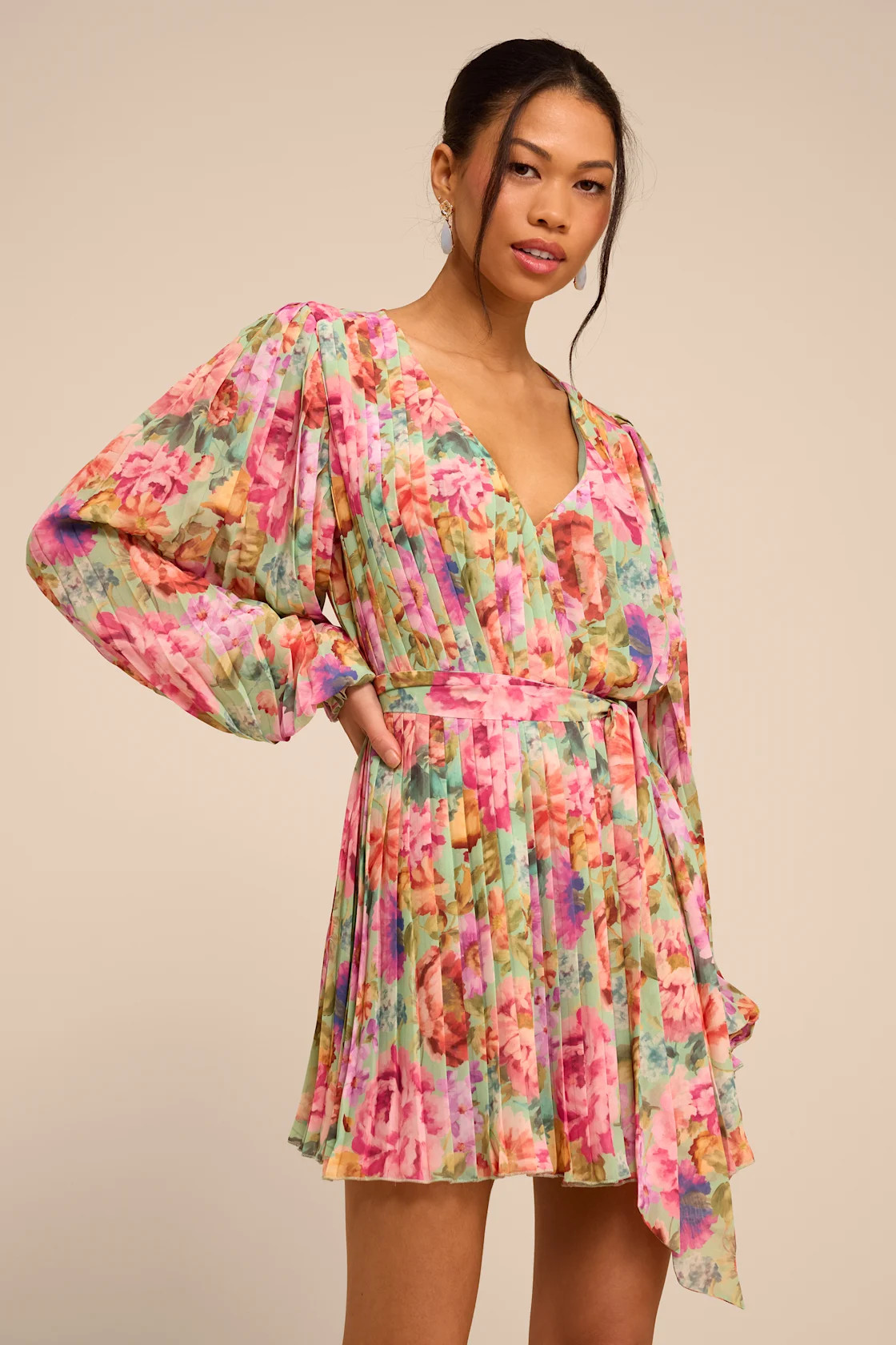 Dalila Sage Multi Floral Pleated Shift Mini Dress | Lulus