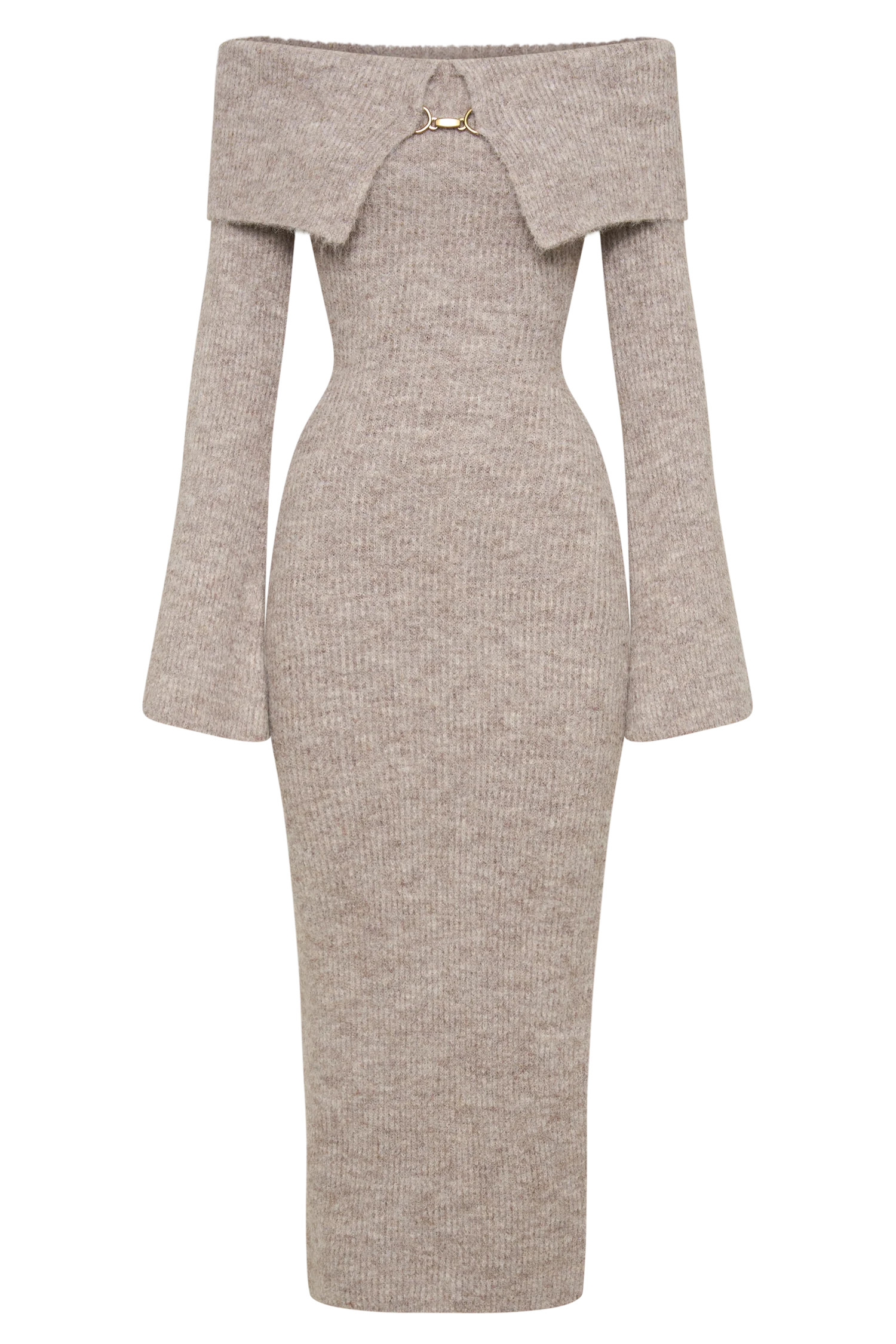 Baxter Off Shoulder Fluffy Knit Midi Dress - Taupe Marle | MESHKI US