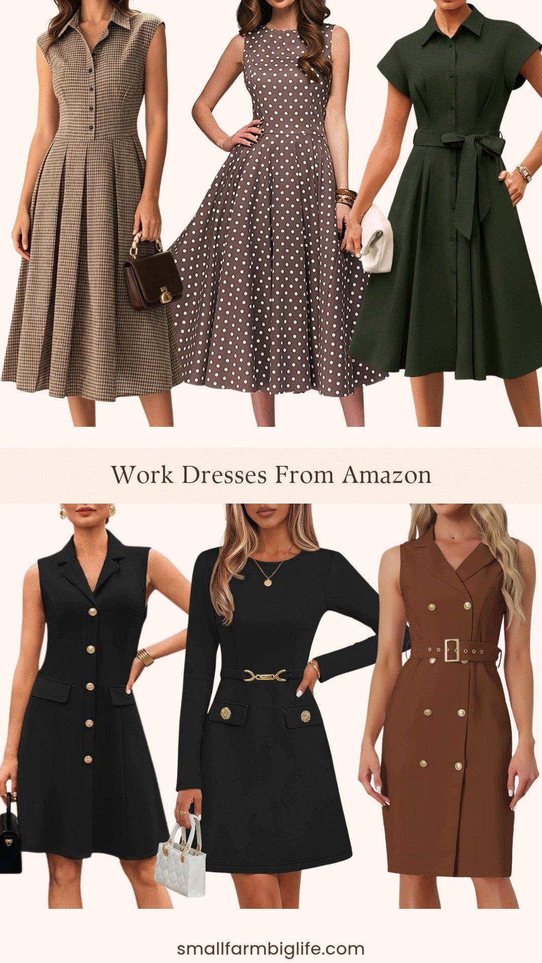 Work dresses are one of the easiest ways to build a polished, professional wardrobe that takes you from summer into fall, and this Amazon roundup is full of great options for the office.
I am loving the brown plaid RIHOAS button up midi dress and the black GRACE KARIN sleeveless notch lapel business midi dress for a classic office look. The black MEROKEETY long sleeve bodycon mini dress is perfect as the weather cools, and the brown Allegra K blazer dress is such an elevated business piece.
The brown and white polka dot Simple Flavor vintage sleeveless dress and the army green GRACE KARIN belted shirt dress round out the picks, both versatile enough for the office, church, or a wedding guest outfit.
Shop all of my favorite work dresses from Amazon linked in this post. 

 #LTKootd #LTKOver40 #LTKWorkwear