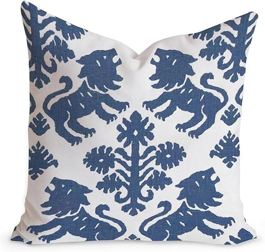 MangGou Navy Blue Regalia Lion Farmhouse Cushion Cover Blue Lion Animal and Flower Throw Pillow C... | Amazon (US)