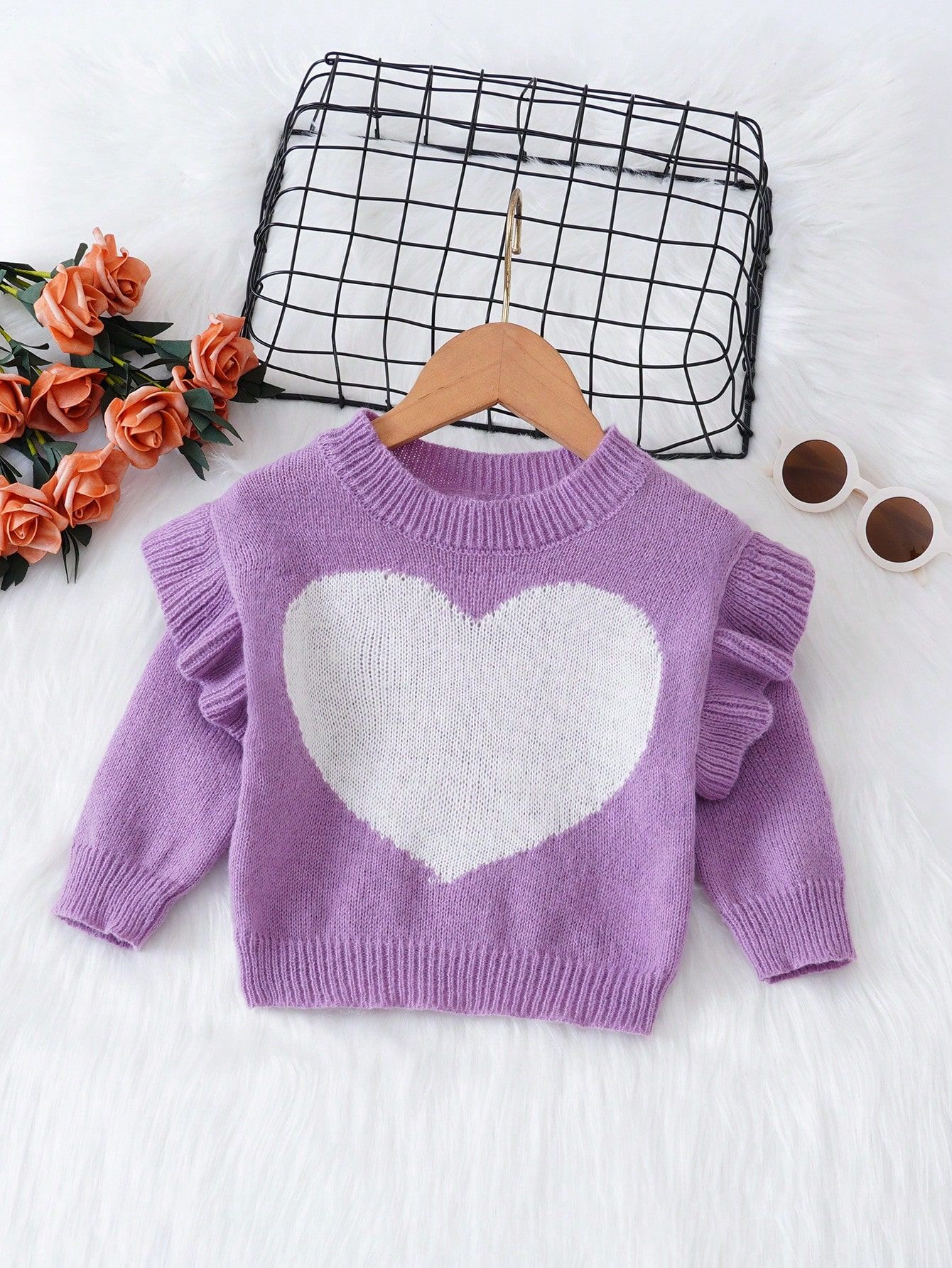 Baby Girl Heart Pattern Ruffle Trim Sweater | SHEIN