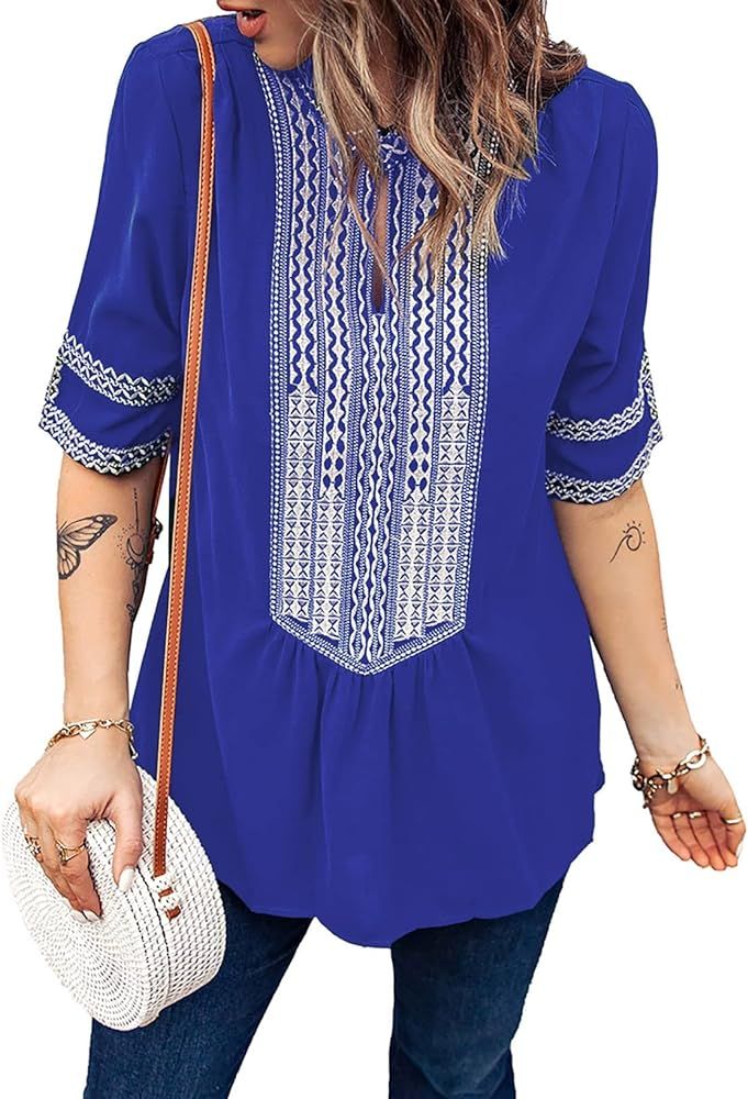 Chase Secret Womens Casual V Neck Shirt Boho Embroidered Print Short/Long Sleeve Tops Loose Blous... | Amazon (US)