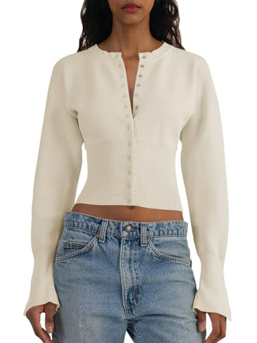 Button Down,Long Sleeve,V Neck,Ribbed Knit,Slim Fit ,Pullover Crop Tops | Amazon (US)