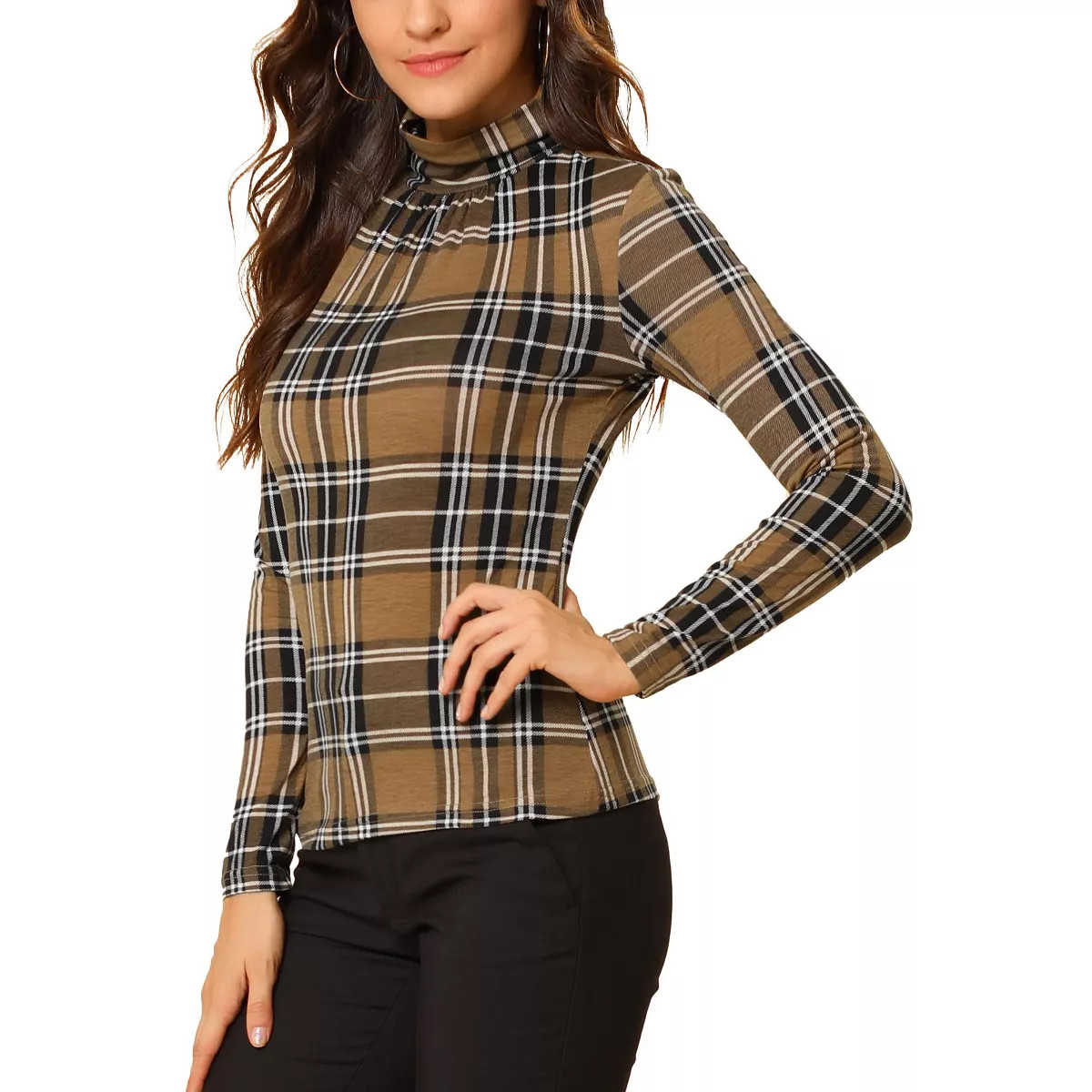 Allegra K Women's Turtleneck Long Sleeve Stretch Slim Plaid Casual Blouse Brown Large | Target