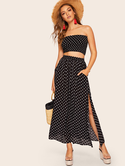 Polka Dot Shirred Bandeau Top & Maxi Skirt Set | SHEIN