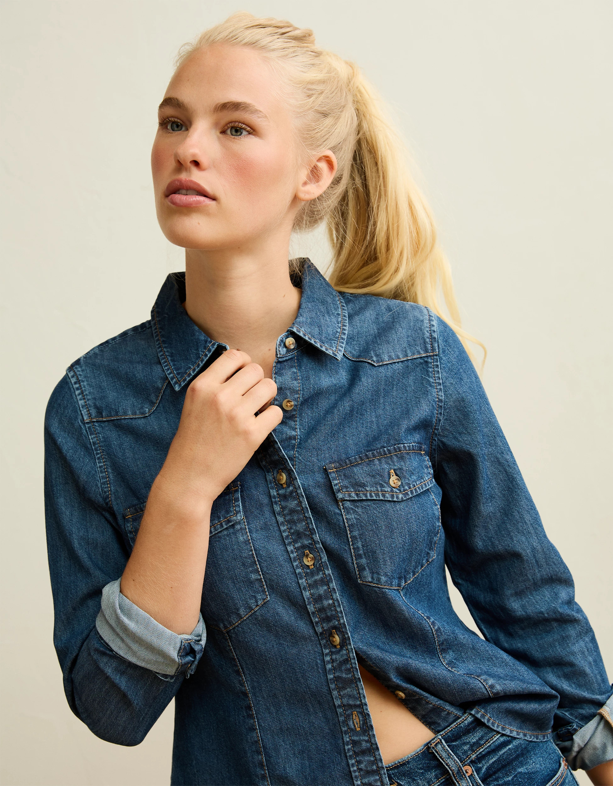 AE Fitted Denim Button-Up Shirt | American Eagle Outfitters (US & CA)
