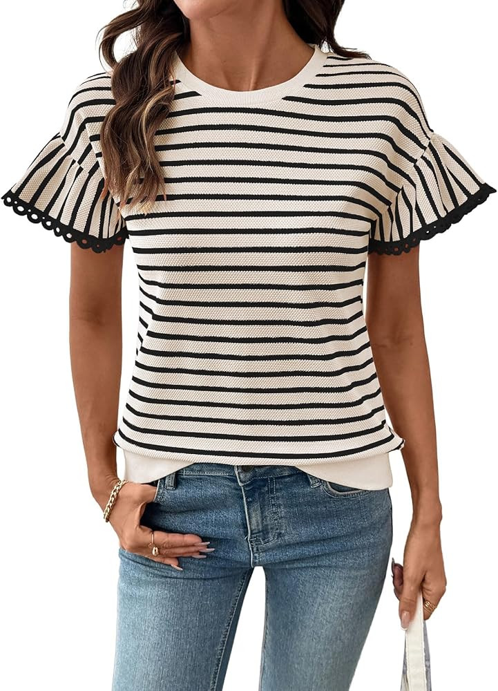 SHEWIN Women Summer Ruffle Sleeve Tops Rib Knit Stripe Shirt | Amazon (US)
