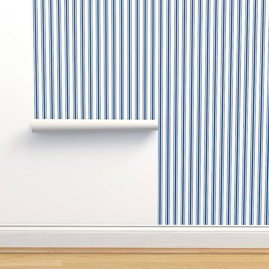 Spoonflower Peel & Stick Wallpaper 9ft x 2ft - French Ticking Stripes Striped Pattern Dark Blue W... | Amazon (US)