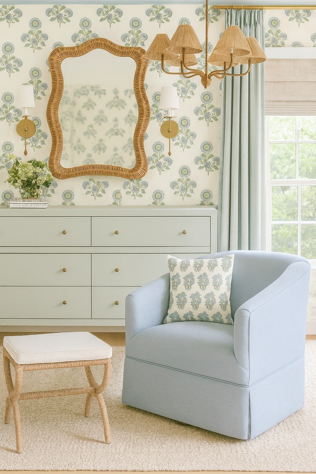 The sage green dresser and blue line chair 

#wallpaper #homedecor #chair #bedroom 

#LTKKids #LTKHome #LTKSaleAlert