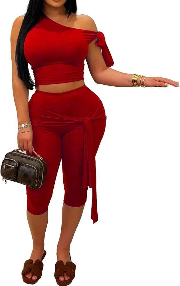 CXXQ Sexy 2 Piece Outfits Off Shoulder Self Tie Crop Tops and Capri Legging Set Tracksuits Clubwe... | Amazon (US)