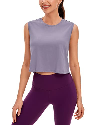 CRZ YOGA Pima Cotton Cropped Tank Tops for Women Workout Crop Top Sleeveless Athletic Shirts Loose Yoga Tops Lavender Gray X-Large | Amazon (US)