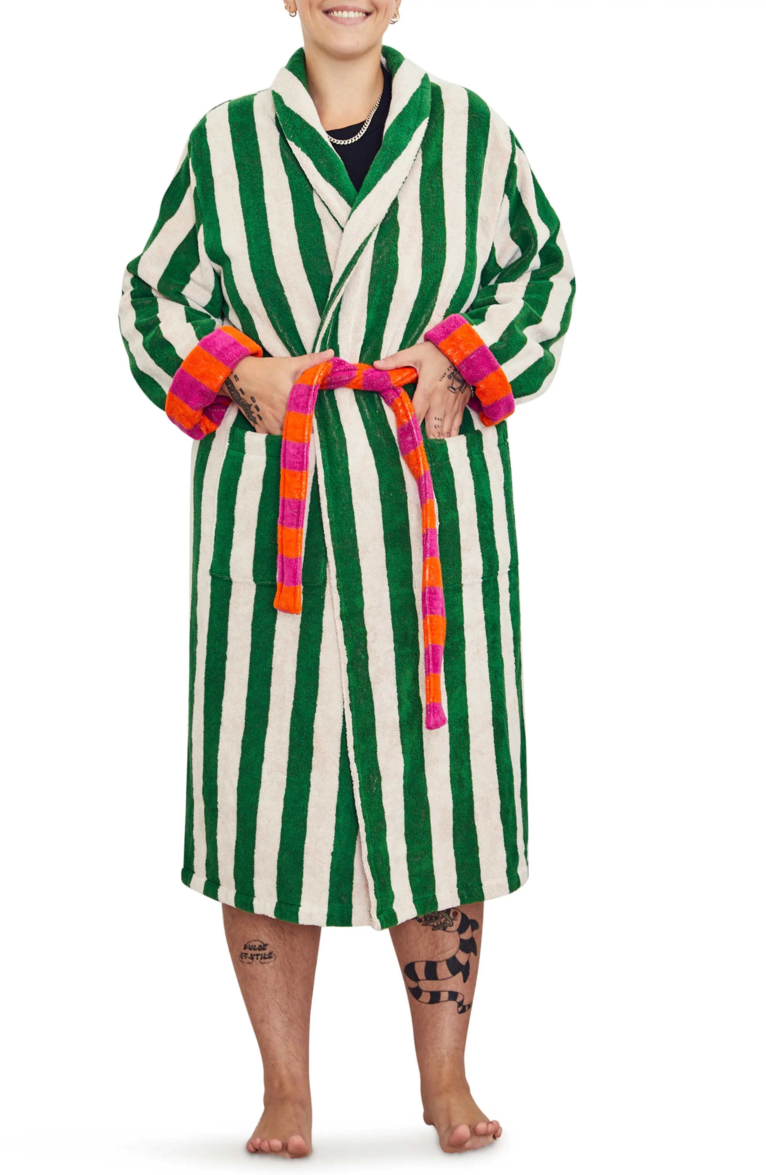 Dusen Dusen Stripe Cotton Bathrobe in Green Stripe at Nordstrom, Size 3X-Large | Nordstrom