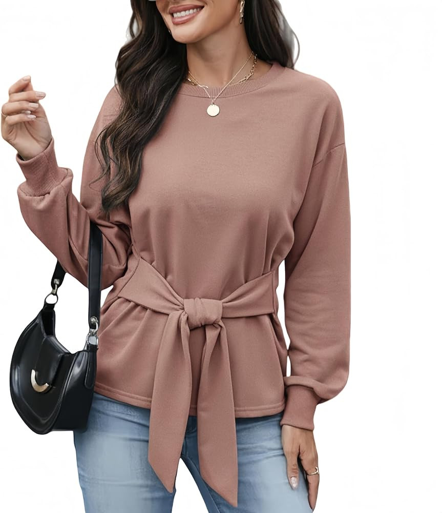 Womens Tie Waist Sweatshirt Long Sleeve Crewneck Pullover Tops Casual Loose Fit Knit Blouse for W... | Amazon (US)