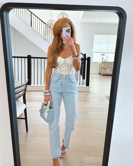 Love this polka dot bodysuit and pinch waist jeans! Have the top in another print, it's such a good option to wear with jeans. Wearing size small. Jeans run TTS  

#LTKFindsUnder100 #LTKStyleTip #LTKShoeCrush