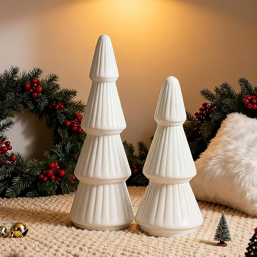 KORMMCO White Ceramic Christmas Tree Decor, Christmas Decorations, Small Winter Farmhouse Christm... | Amazon (US)