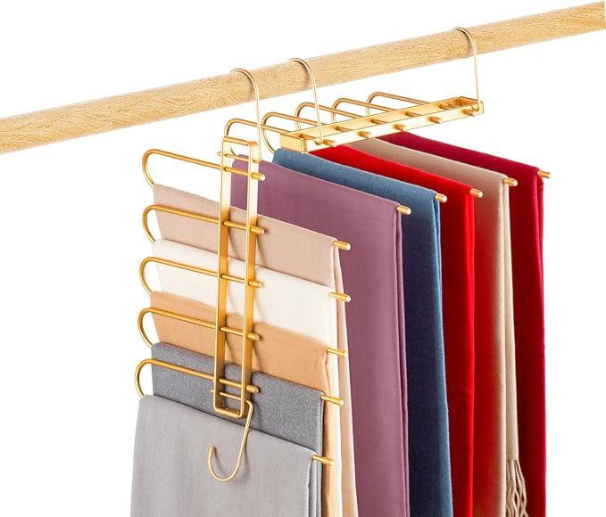 Pants Hangers Space Saving,Closet Hangers 5 Layers 2 Uses Multi Functional Pants Rack,Metal Heavy... | Amazon (US)