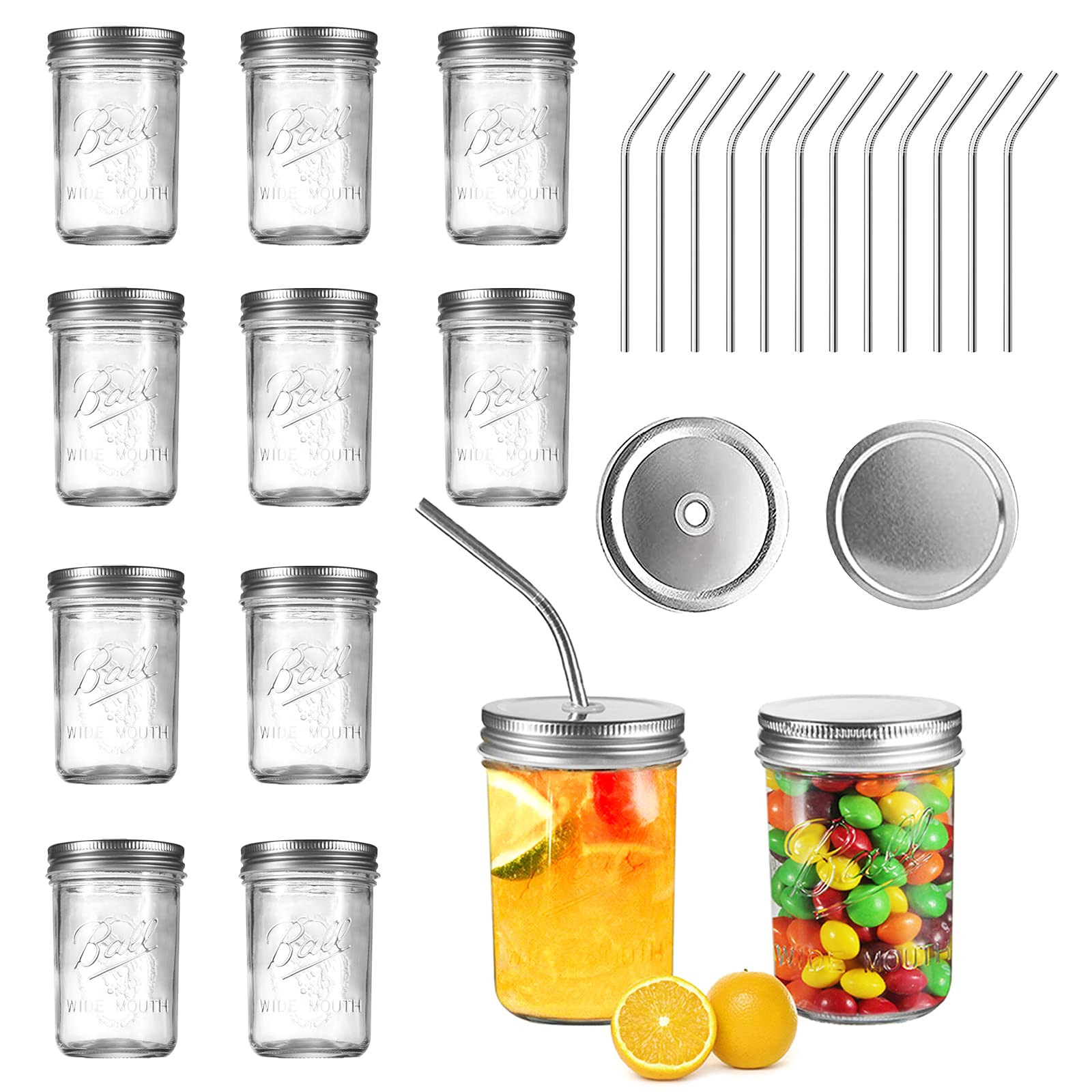 Ball Mason Jars 8 OZ, OAMCEG 12 Pack Canning Jars with Lids & Straws for Regular Mouth Mason Jars, 1 | Amazon (US)