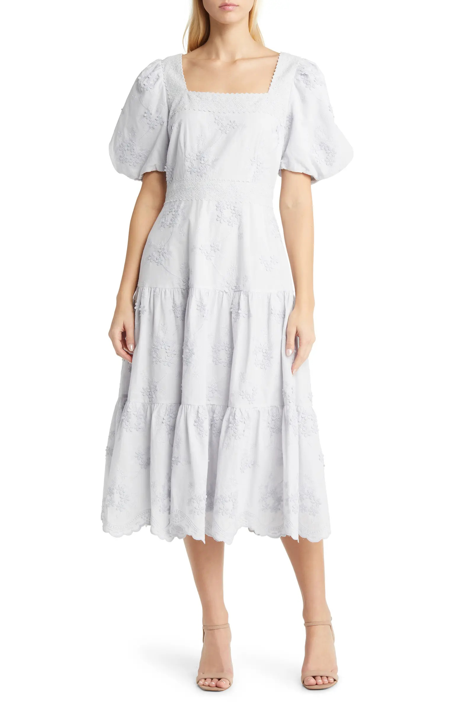 Floral Embroidered Tiered Midi Dress | Nordstrom