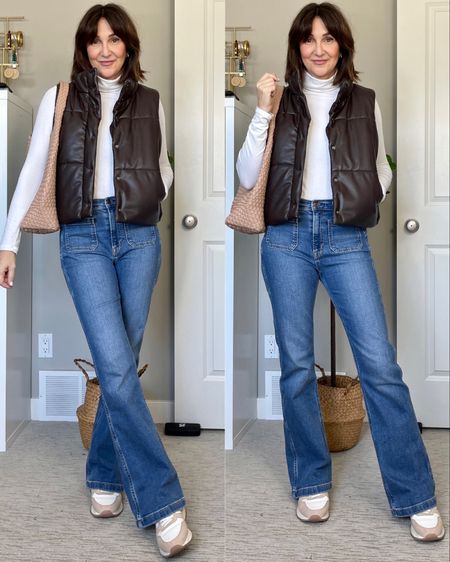 Casual spring outfit for errands.
I’m 5’ 7” size 4:
Wearing my usual size 27 reg length in these flare jeans and sized up to M in the thin turtleneck for more sleeve length.
Sneakers are from Walmart and fit tts.
Braided bag is from Amazon 
Can’t link the exact vest but found similar


#LTKsalealert #LTKFind #LTKitbag