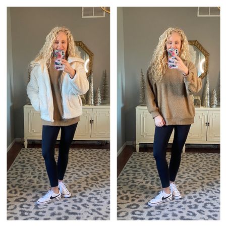 This teddy material sweatshirt is so soft and cozy!  I sized up one for length. 

Pairing it with my favorite leggings and new sneakers that go with everything!
This sherpa jacket is heavenly soft!
#casualwear #comfyoutfit #casualoutfit

#LTKSeasonal #LTKGiftGuide #LTKHoliday