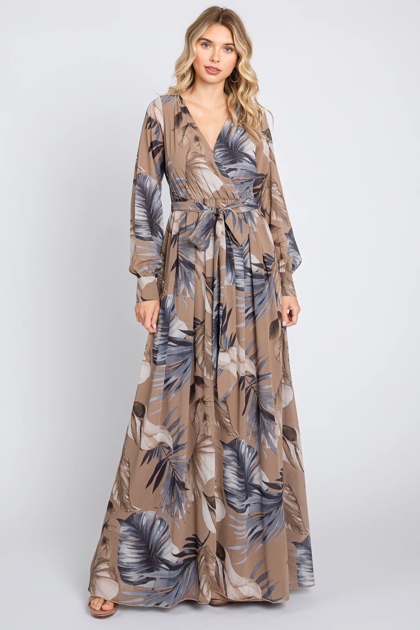 Taupe Palm Print Chiffon Wrap Front V-Neck Long Sleeve Maxi Dress | PinkBlush Maternity