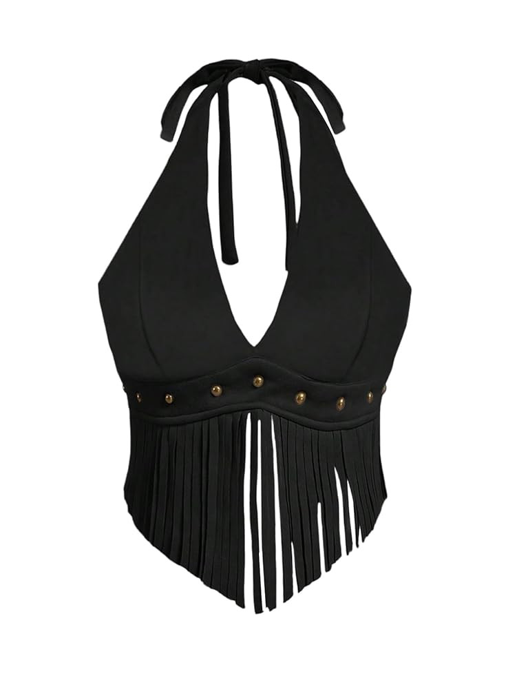 MakeMeChic Women's Western Cowgirl Fringe Faux Suede Halter Tops Tie Backless Sleeveless Rodeo Co... | Amazon (US)