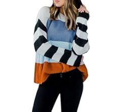 ZESICA Women's 2023 Fall Long Sleeve Crew Neck Striped Color Block Casual Loose Knitted Pullover ... | Amazon (US)