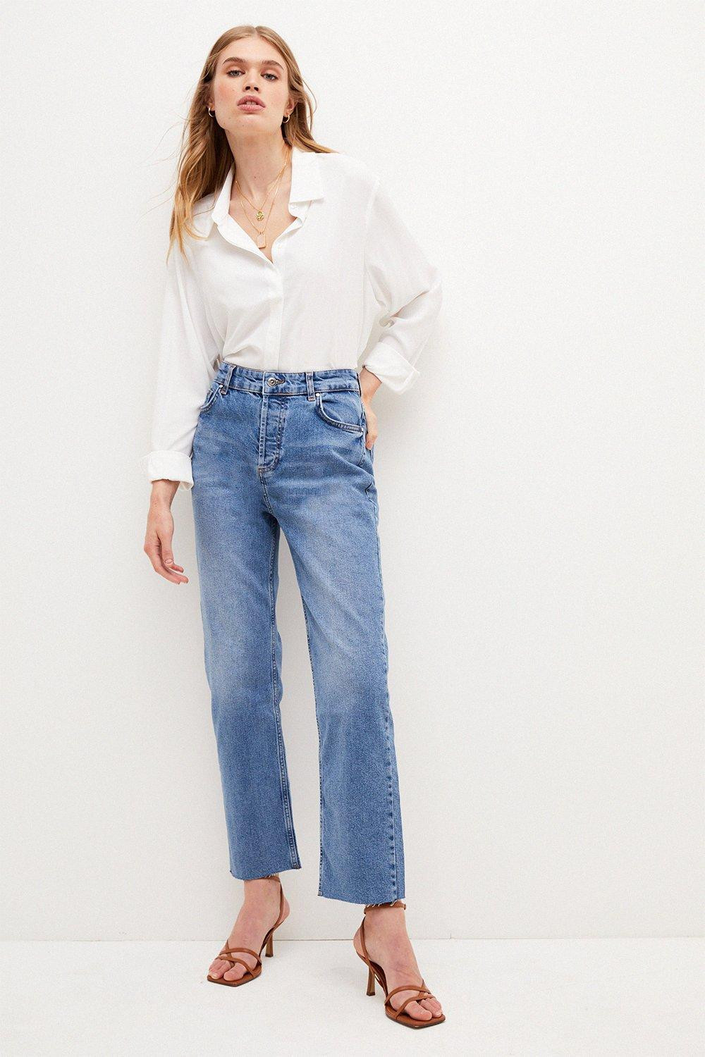 Mid Rise Straight Leg Raw Hem Jeans | Karen Millen US