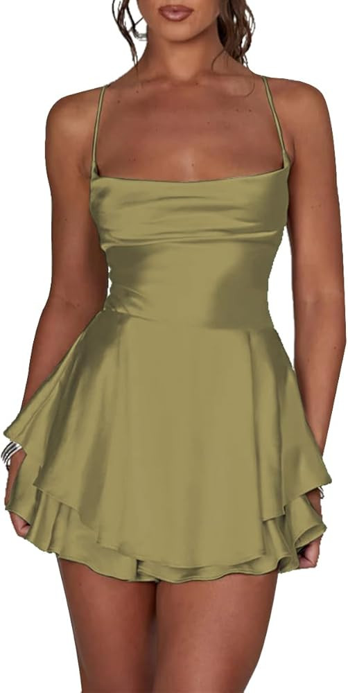 LuFeng Women's Elegant Satin A-line Summer Sleevesless Rompers Bandage Back Spaghetti Strape Tier... | Amazon (CA)