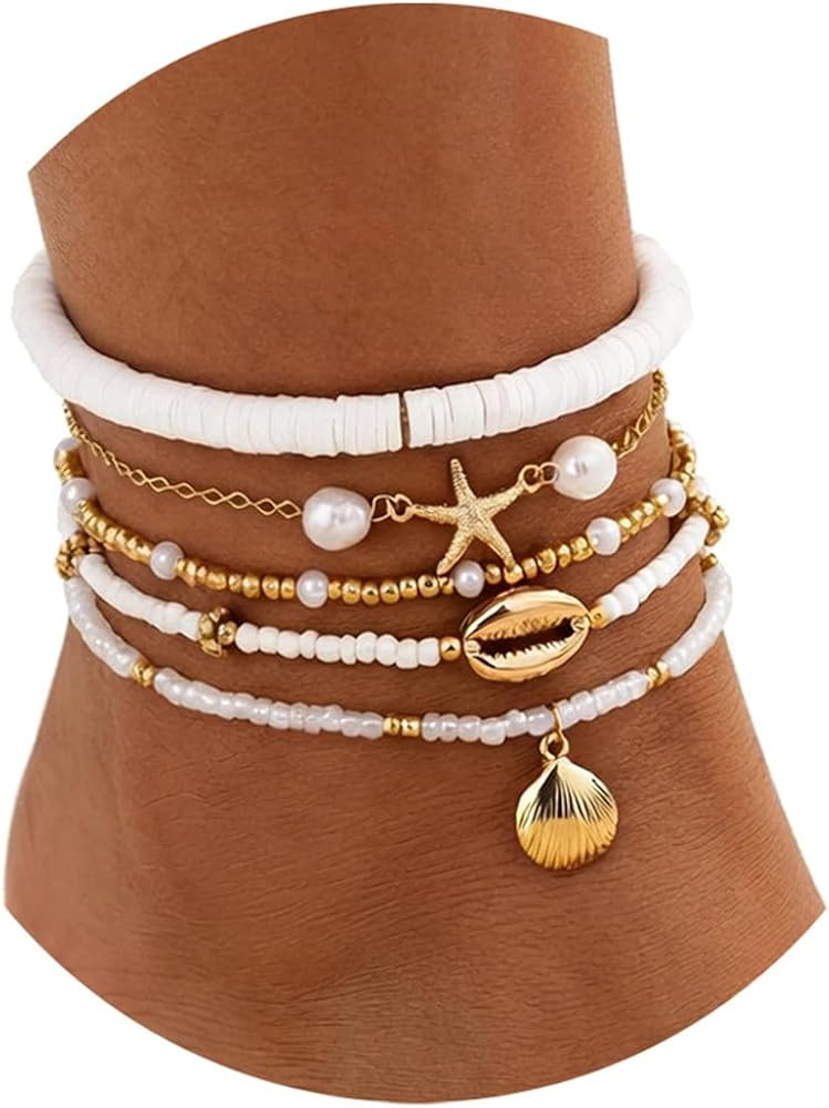 Fesciory Shell Ankle Bracelets for Women, Gold Plated Boho Anklet Set with Pearl Beads Starfish C... | Amazon (US)