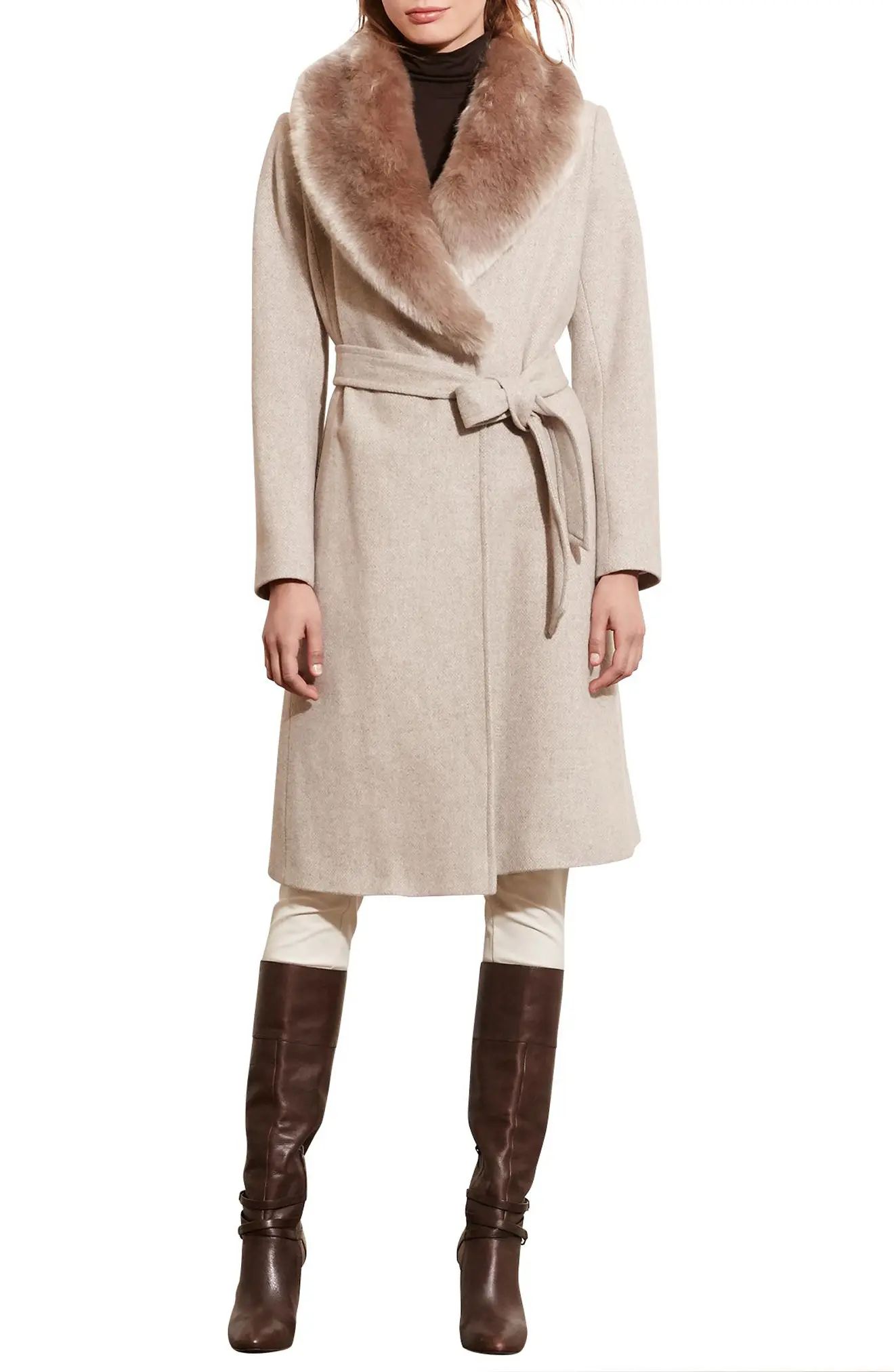 Women's Lauren Ralph Lauren Wool Blend Coat With Faux Fur Collar | Nordstrom