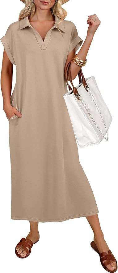 ANRABESS Womens Casual Midi Dresses, Polo V Neck Short Sleeve, Wrinkle-Free Fabric Loose Fit for ... | Amazon (US)