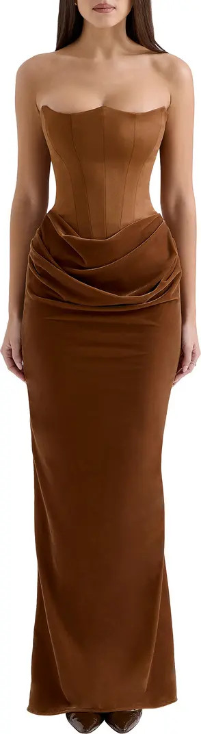 HOUSE OF CB Persephone Strapless Corset Satin & Velvet Gown | Nordstrom | Nordstrom