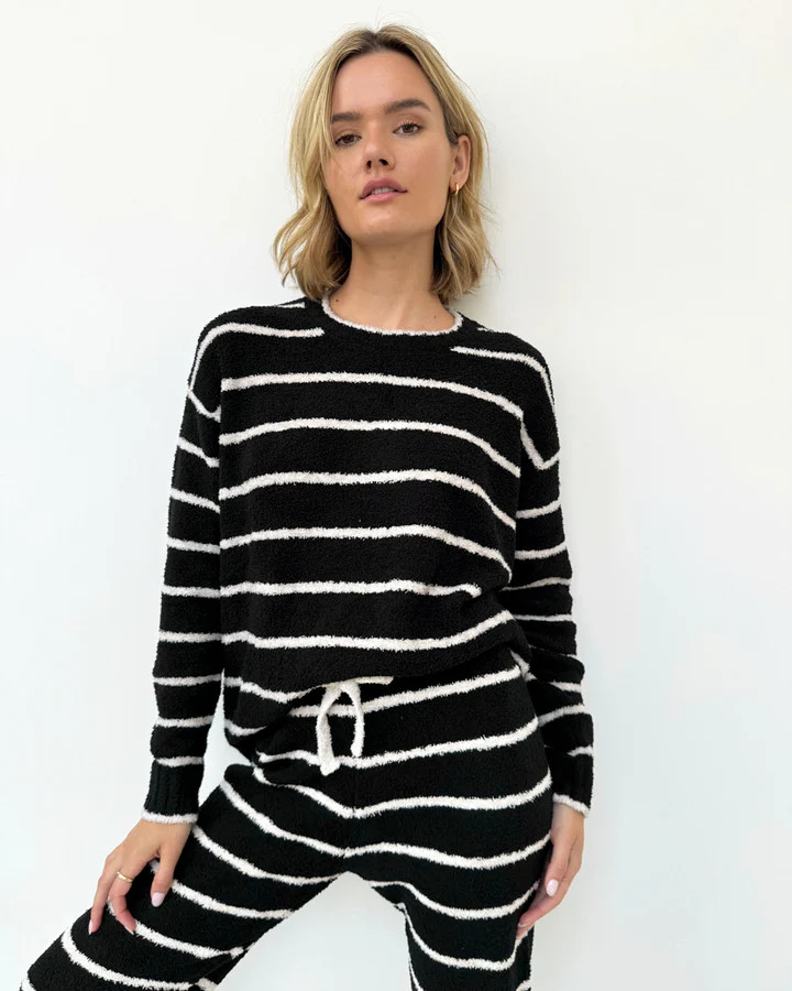 Black and Oat Stripe Fuzzy Sweater PJ Set | Splendid