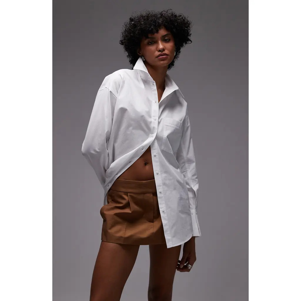 Topshop Oversize Cotton Button-Up Shirt in White at Nordstrom, Size Large | Nordstrom