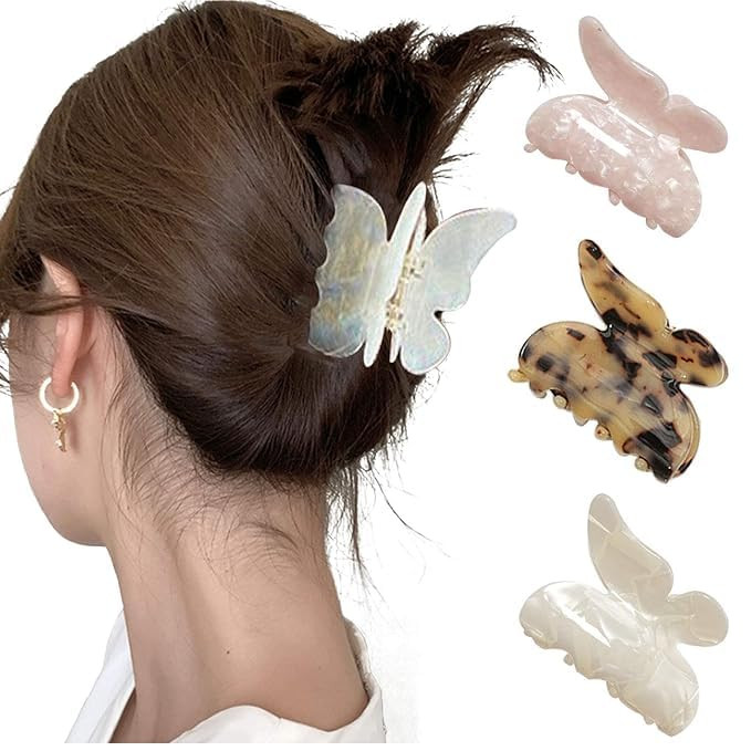 3PCS Acrylic Claw Butterfly Tortoiseshell Hair Clip Leopard Print Hair Clip Thick Fine Hair Girl ... | Amazon (US)