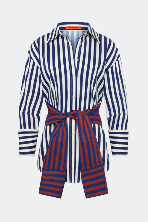 SIMONMILLER Inna Poplin Top in Navy Stripe Multi at Nordstrom, Size Large | Nordstrom