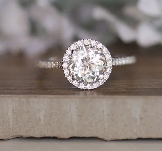 Round 7mm White Topaz Engagement Ring in 14k White Gold, Diamond Halo Ring, Diamond Half Eternity Ba | Etsy (US)