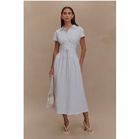 Aysha Buttoned Linen Midi Dress / White | MESHKI | XXS | MESHKI US