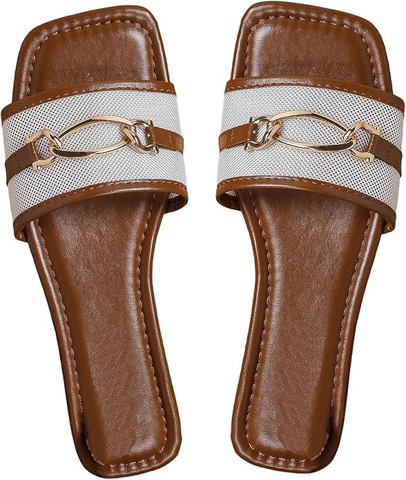 GORGLITTER Women's Flat Sandals Square Open Toe Slip On Slides with Metal Chain Sandals | Amazon (US)